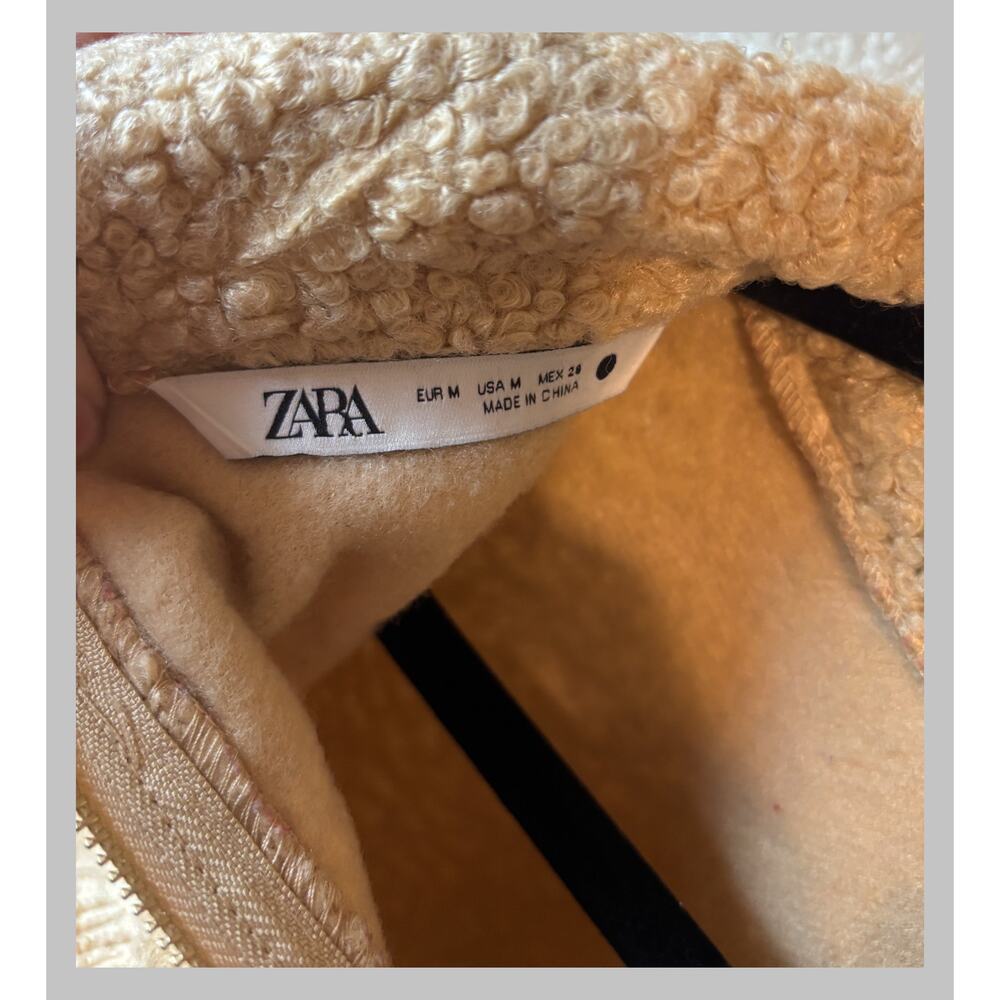 Zara Women’s Medium Cream Teddy Fleece Quarter Zip Pullover Embroidered - Picture 3 of 6